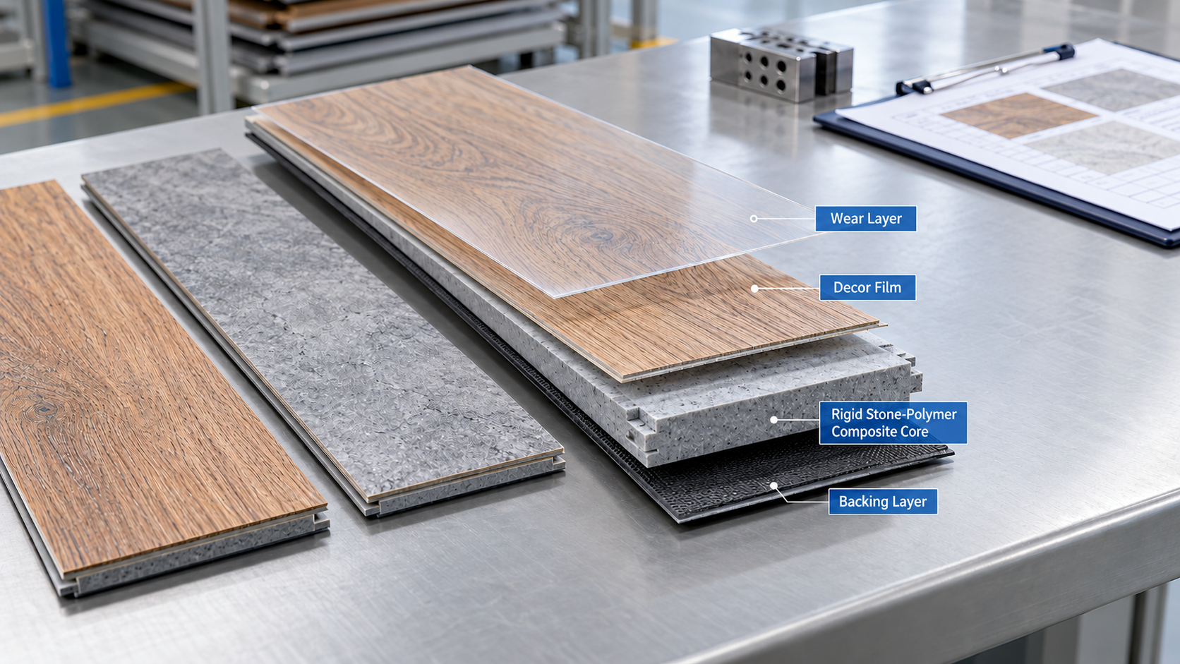 SPC flooring layer structure showing wear layer, decor film, rigid stone-polymer composite core, and backing layer