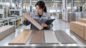SPC flooring quality control inspection in a modern manufacturing facility