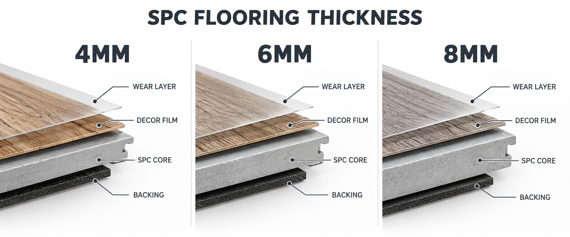 Comparison of 4mm, 6mm, and 8mm SPC flooring construction and buyer checks
