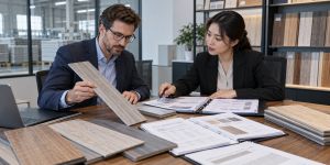 Buyer reviewing SPC flooring technical documents, test reports, samples, and packaging details